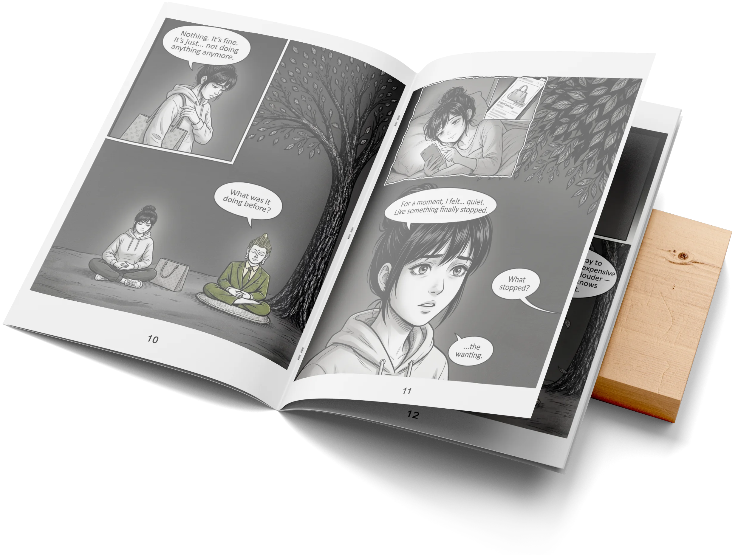 The comic book open to an inside spread